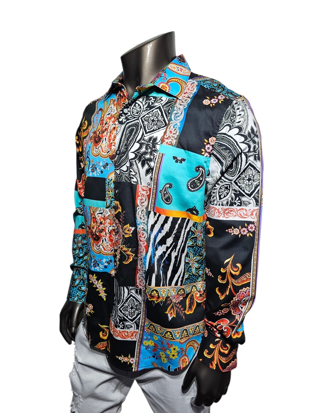 Robert Graham Black & Turquoise Patchwork Print Button-Down Shirt - Picture 2 of 6